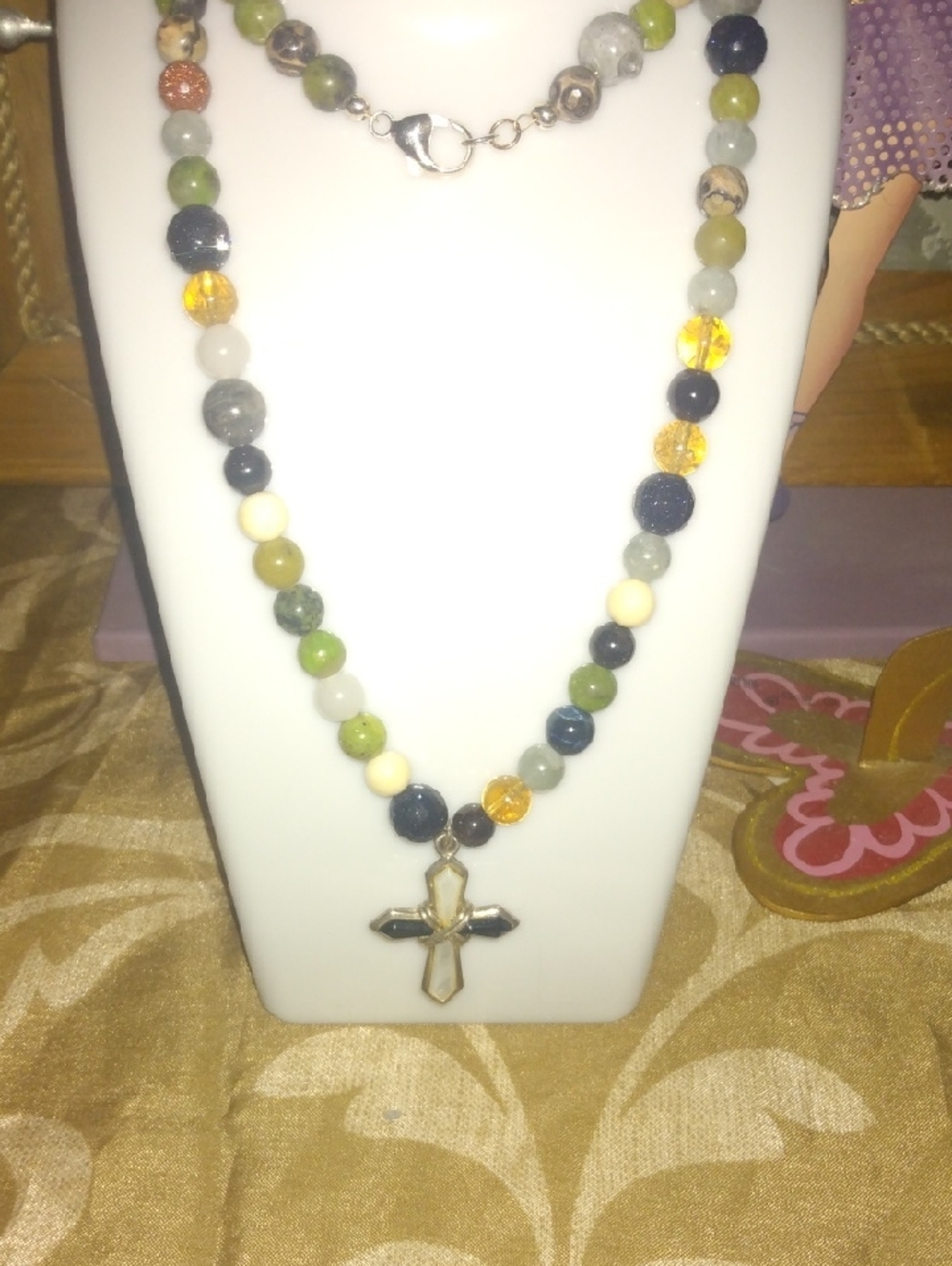 Multicolored Cross Necklace Mother Of Pearl And Black Onyx Sterling Silver Cross
